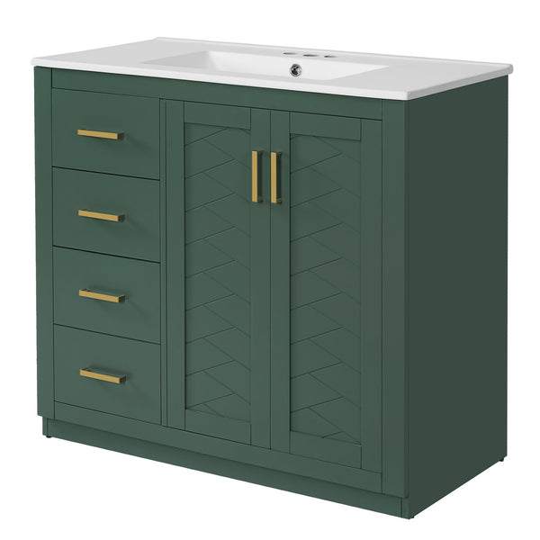 English Elm 36'' Bathroom Vanity with Ceramic Sink Combo, Solid Wood Frame, Soft-Close Drawers and Stylish Retro Groove Design Green N710P291684F