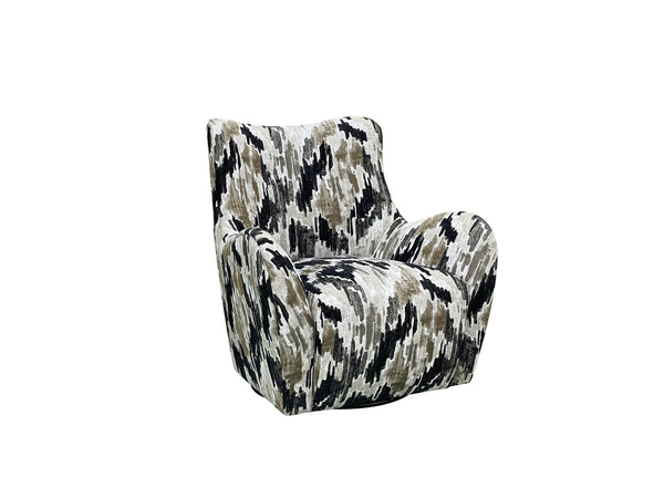 English Elm Swivel Beach Accent Chair White & Black Upholstered with Ikat Pattern, Sinuous Springs, Plush Dacron Cushions B2699P393058
