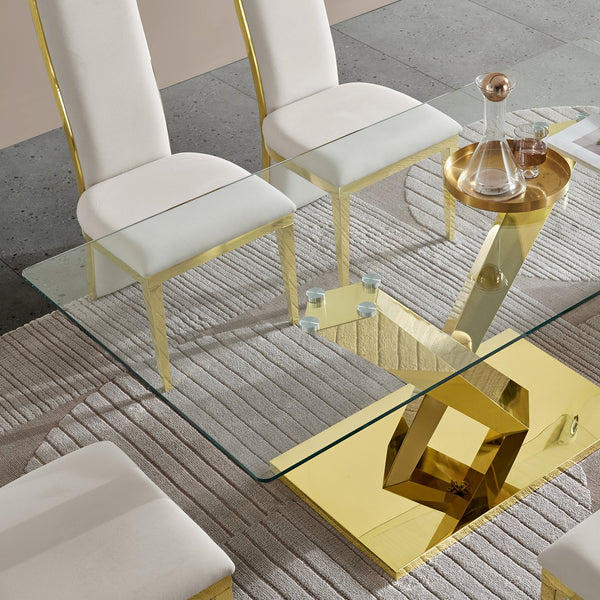 English Elm Gold Stainless Steel Dining Table With Clear Tempered Glass Top - Elegant, Modern & Versatile Decor W2723S00045