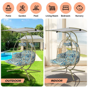English Elm 2-person Outdoor Wicker Egg Chair Hanging Swing with Canopy Stand and Cushions Cyan T5880P502254