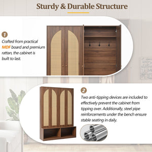 English Elm Rattan Door Hall Tree Bench with 6 Hooks Farmhouse Entryway Storage N721S000074D