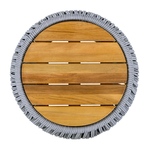 English Elm Acacia Wood Round Side Table Handwoven Rope Base Outdoor Coastal Boho Accent N770P380264G
