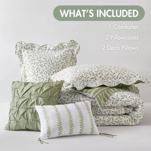 English Elm 5-piece Queen Microfiber Comforter Set Soft Printed Bedding with Decorative Pillows Sage Green B035P482936