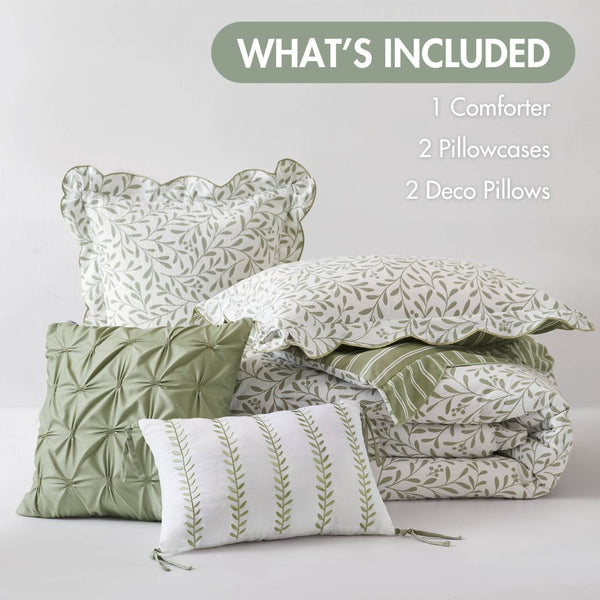 English Elm 5-piece Queen Microfiber Comforter Set Soft Printed Bedding with Decorative Pillows Sage Green B035P482936