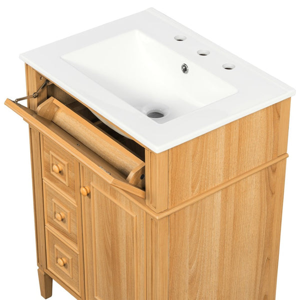 English Elm 24" Solid Pine Bathroom Vanity Cabinet with Ceramic Sink Soft Close Drawers N725P375500N
