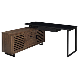 English Elm Rodger Black and Walnut L-Shape Computer Desk with Credenza, Slatted Doors, Drawers, Spacious Workstation B062P378334