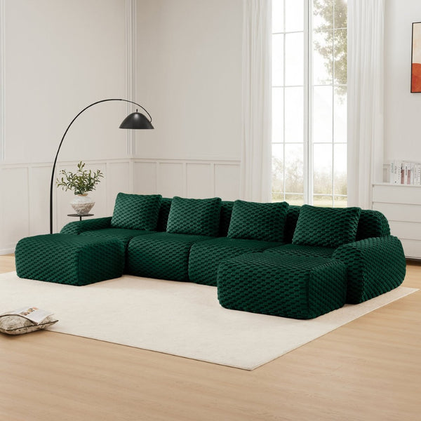 English Elm 146" U-shaped Modular Sectional Flannelette Sofa with Ottoman for Spacious Living Rooms Green W714S01530