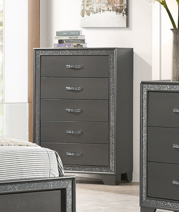 English Elm Contemporary Sparkling Accent Five-Drawer Chest with Sleek Dark Brown Finish, Stylish Bedroom Storage Dark Gray 34.13 L x 19.57 W x 47.28 H B2741P345253