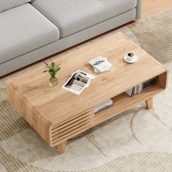 English Elm Coffee Table with Four Open Compartments Solid Wood Legs Mid Century Farmhouse Style Natural T3623P431252