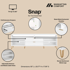 English Elm Dumbo 85" Fluted TV Stand with Gold Legs, 2 Drawers & 6 Shelves, Wire Management, Easy Snap Assembly White B365P397925