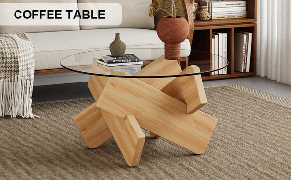 English Elm Circular Tempered Glass Round Coffee Table with Wood Tone Mdf Legs for Modern Living W1151P146792