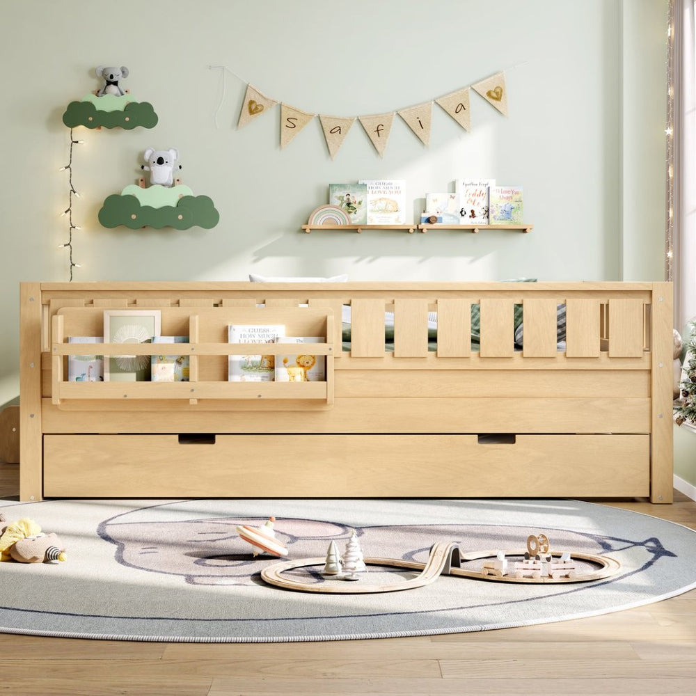 English Elm Twin Kids Platform Bed with Trundle Staircase Bookshelf and Rounded Safety Rails Light Natural W1580S00560