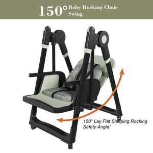 English Elm Convertible Baby High Chair to Rocker with 5-Point Harness, Foldable Feeding Seat, Quiet Wheels, Easy-Clean Tray and Adjustable Recline for Infants and Toddlers Dark Green W2699P371975