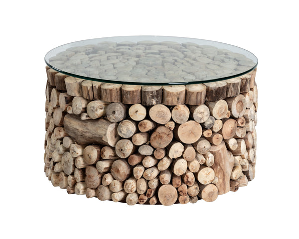 Sunpan Bickford Handcrafted Driftwood Side Table with 8mm Tempered Glass Top – Unique Rustic Charm