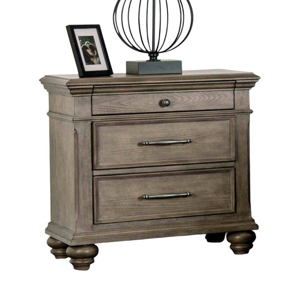 English Elm Aged Oak Veneer Three Drawer Nightstand with Bun Feet for Transitional Bedrooms B2741P433394