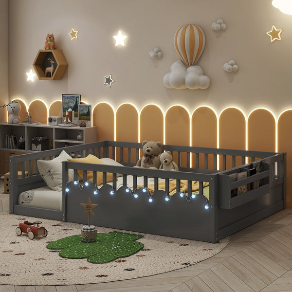 English Elm Full Montessori floor bed offering high rails, built-in light and shelf for safe independent sleep and storage Grey 79.13 L x 13 W x 6.3 H W2593P333796