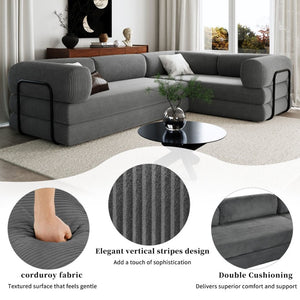 English Elm U_style Modular Corduroy Sectional Sofa Converts to Guest Bed for Apartment Living Grey WY000463AAE