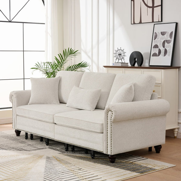English Elm 86" Chenille Sleeper Sofa with Nailhead Rolled Arms Three Seat Convertible for Any Room Beige W3373S00087