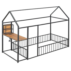 English Elm Twin House Bed Frame with Roof & Fence, Metal Twin Loft with Built-In Desk Shelves USB Outlets Black N737P173490B