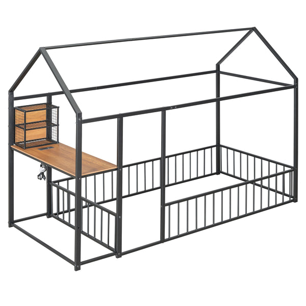 English Elm Twin House Bed Frame with Roof & Fence, Metal Twin Loft with Built-In Desk Shelves USB Outlets Black N737P173490B