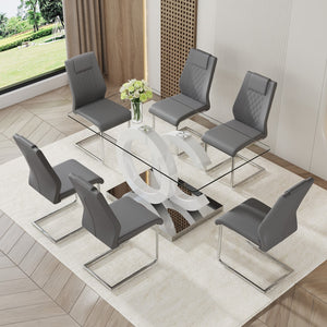 English Elm 1 Table and 6 Chairs Set.63"X35.4 Rectangular Transprant Tempered Glass Dining Tabletop With White Mdf Oc Shaped Bracket.Paried With 6 Dark Gray High-Quality Pu Chairs With Silver Metal Legs.