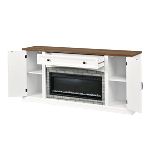 English Elm On-trend Farmhouse Electric Fireplace Console Walnut Veneer Media Cabinet for Living Room White N721S000069K