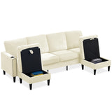 Off White Chenille U-Shaped Sectional Sofa with High Density Memory Foam, 4-Seat Modular Couch for Living Room