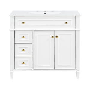 English Elm 36 Inch Freestanding Bathroom Vanity Sage Pine Cabinet Gold Hardware Ceramic Sink White N725P366468K