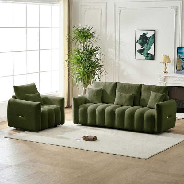 English Elm 80.7 Inch Plush Teddy Velvet 3 Seat Sofa Solid Wood Frame with Six Included Cushions Army Green W2564S00069