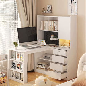 English Elm L Shaped Desk With Charger & Drawers - Modern Corner Computer Desk For Home Office & Gaming Setup W1321S00023