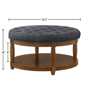 English Elm Large Tufted Linen Round Ottoman with Solid Wood Shelf Footrest for Living Room W2186P400511