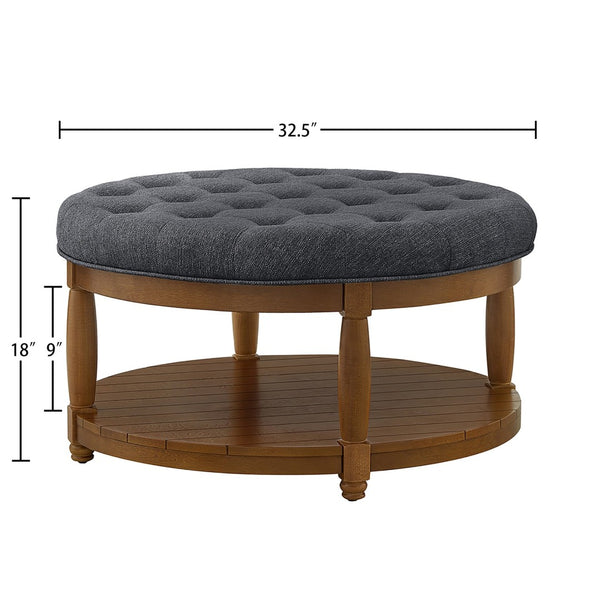 English Elm Large Tufted Linen Round Ottoman with Solid Wood Shelf Footrest for Living Room W2186P400511