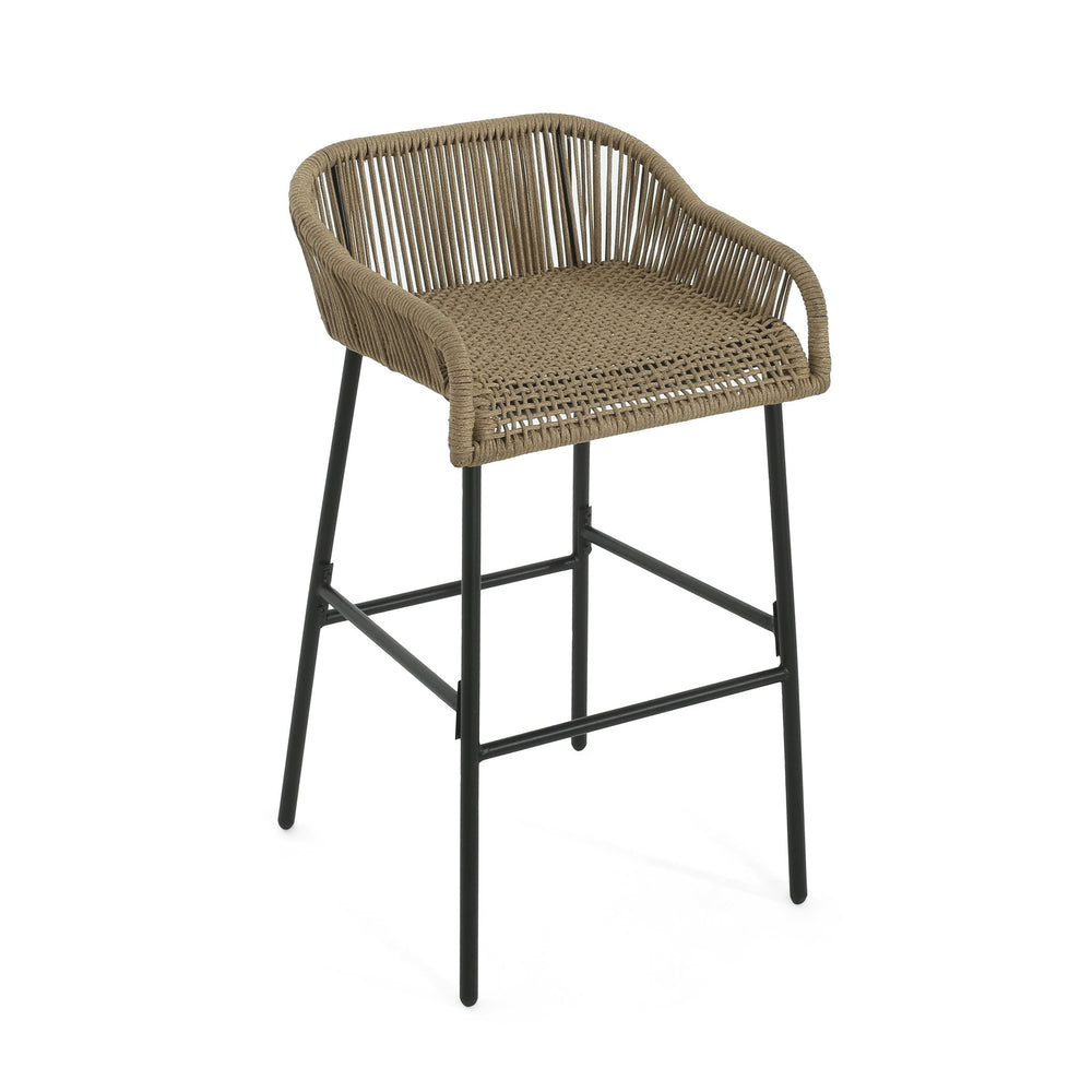 English Elm Christopher Knight Home® - La La Push outdoor rope bar stool set of 2 — brown woven polyester seat with rust‑resistant black iron frame Black+Brown N775P176900L