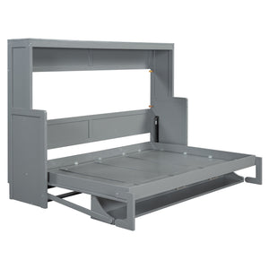 English Elm Full Size Murphy Bed With Hydraulic Lift & Integrated Desk For Space-Saving, Gray Pinewood Design N820S00032E