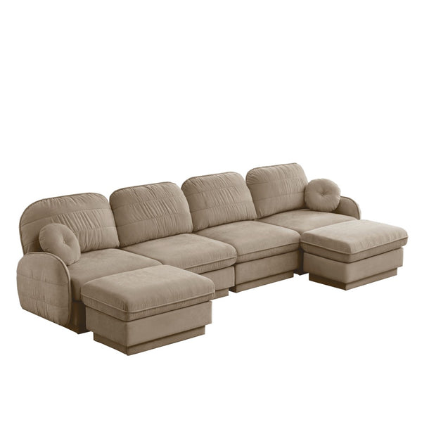 English Elm 137" Oversized U-shaped Chenille Sectional with Ottoman Quilted Cushions for Spacious Living Light Coffee W714S01764