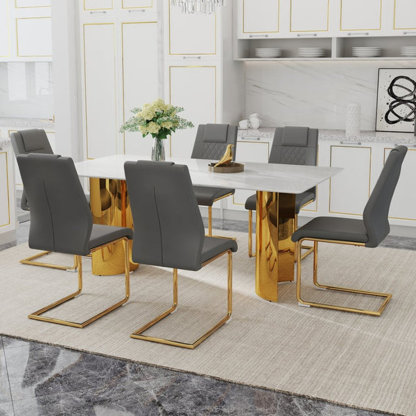 English Elm Table Set With Glass Top & Imitation Marble - 6 Comfortable Pu Chairs & Golden Stainless Legs W1151S04349-GIGA