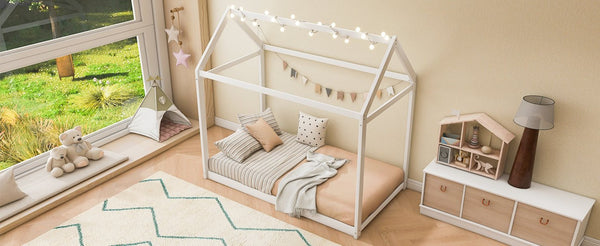 English Elm Twin House Bed Pine Wood Frame with Peaked Roofline Low Profile Kids Bedroom WF197557AAK