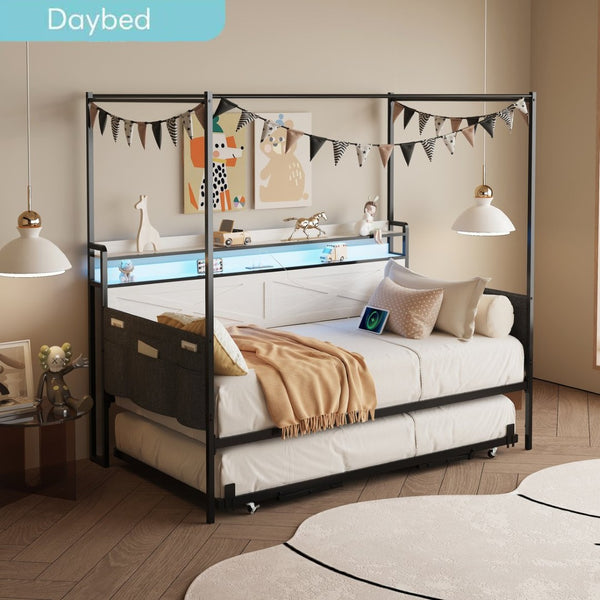 English Elm Twin Metal Daybed with Pull Out Trundle Guardrails Led Lights and Built in Charging W5026P404188