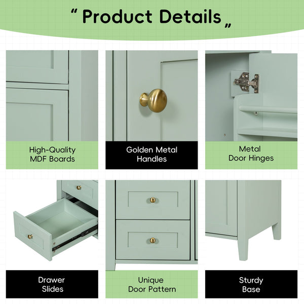 English Elm 36-Inch Green Bathroom Vanity With Sink - Modern Mdf & Rubberwood Freestanding Storage Solution N725P350821F