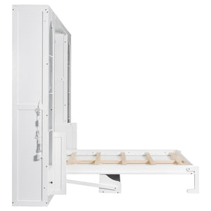 English Elm Queen Murphy Bed with Led Lighting Side Cabinets Shelving and Fold Down Desk Panel White N7090002226K-1