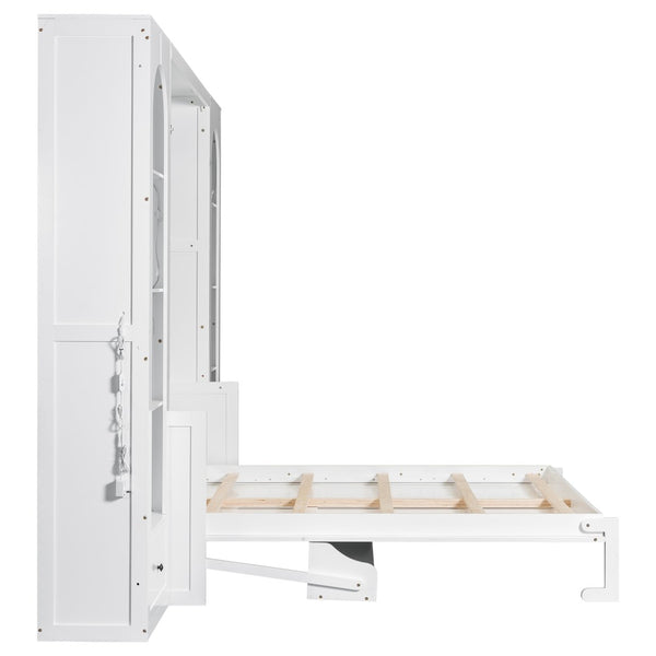 English Elm Queen Murphy Bed with Led Lighting Side Cabinets Shelving and Fold Down Desk Panel White N7090002226K-1