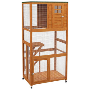 English Elm Pawhut Wooden Catio Outdoor Cat Enclosure with Wheels Weatherproof Asphalt Roof W2225P173770