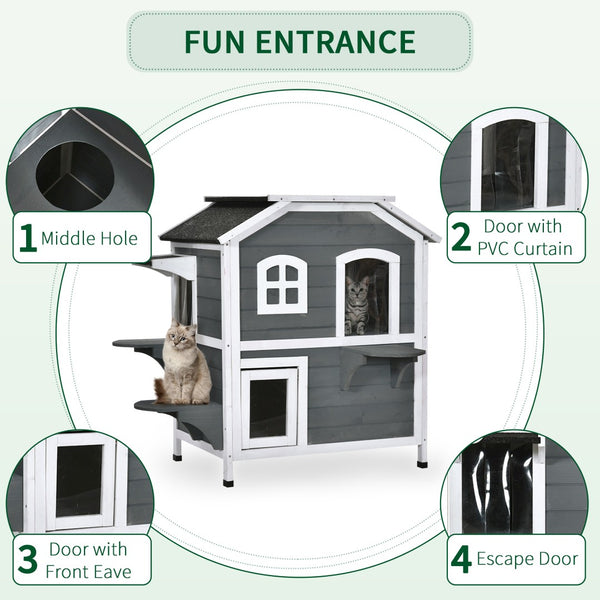 English Elm Pawhut 2-Story Weatherproof Cat House For Outdoor Felines With Escape Doors & Open Roof, Gray W2225P217566-GIGA