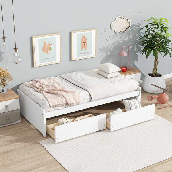 English Elm Twin Twin Size Bed with 2 Drawers Solid Rubber Wood Frame, Space-Saving Storage and Easy Assembly White W504P313037