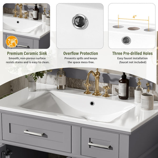 English Elm 30" Freestanding Bathroom Vanity Ceramic Sink Soft Close Cabinet Gray Wood Frame Grey N729P427118E