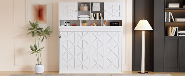 English Elm Queen Size Elegant Wall-Mounted Murphy Bed With Stylish Storage & Diamond Stripe Design, White N820S00062K-GIGA