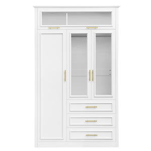 English Elm 3 Door Wardrobe Armoire Closet with LED Lighting, 4-Door Style, 3 Drawers, White Gold Accents, Spacious Storage N7090001843K