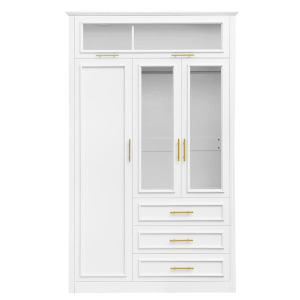 English Elm 3 Door Wardrobe Armoire Closet with LED Lighting, 4-Door Style, 3 Drawers, White Gold Accents, Spacious Storage N7090001843K
