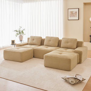 English Elm 117" Modern U-Shaped Modular Sectional Sofa With Movable Ottoman, Plush Camel Corduroy, Ergonomic Comfort W714S01469