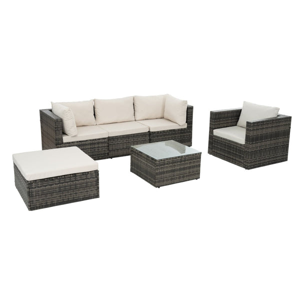 English Elm Patio 6-Piece Pe Wicker Furniture Set With Glass Coffee Table – Stylish Outdoor Seating For Relaxation W1703S00025-GIGA